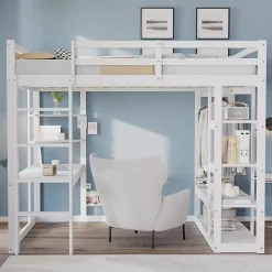 Lit mezzanine 140x200 cm - Lit double avec bureau intégré, rangements fonctionnels et échelle - Pin et MDF - Blanc>Okwish Online