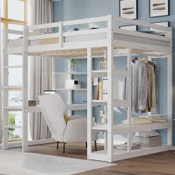 Lit mezzanine 140x200 cm - Lit double avec bureau intégré, rangements fonctionnels et échelle - Pin et MDF - Blanc><noscript><img width=