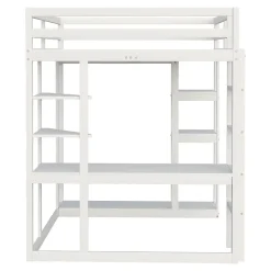Lit mezzanine 140x200 cm - Lit double avec bureau intégré, rangements fonctionnels et échelle - Pin et MDF - Blanc><noscript><img width=