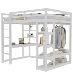 Lit mezzanine 140x200 cm - Lit double avec bureau intégré, rangements fonctionnels et échelle - Pin et MDF - Blanc><noscript><img width=