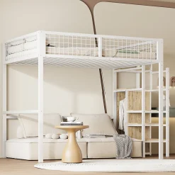 Lit Mezzanine 140x200 cm - Lit Double avec Rangement et Échelle de Sécurité, Cadre Métal et MDF, Sans Matelas - Blanc>Okwish Outlet