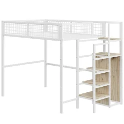 Lit Mezzanine 140x200 cm - Lit Double avec Rangement et Échelle de Sécurité, Cadre Métal et MDF, Sans Matelas - Blanc><noscript><img width=
