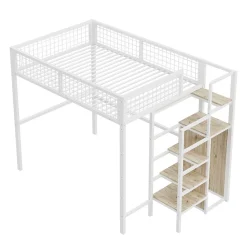 Lit Mezzanine 140x200 cm - Lit Double avec Rangement et Échelle de Sécurité, Cadre Métal et MDF, Sans Matelas - Blanc><noscript><img width=
