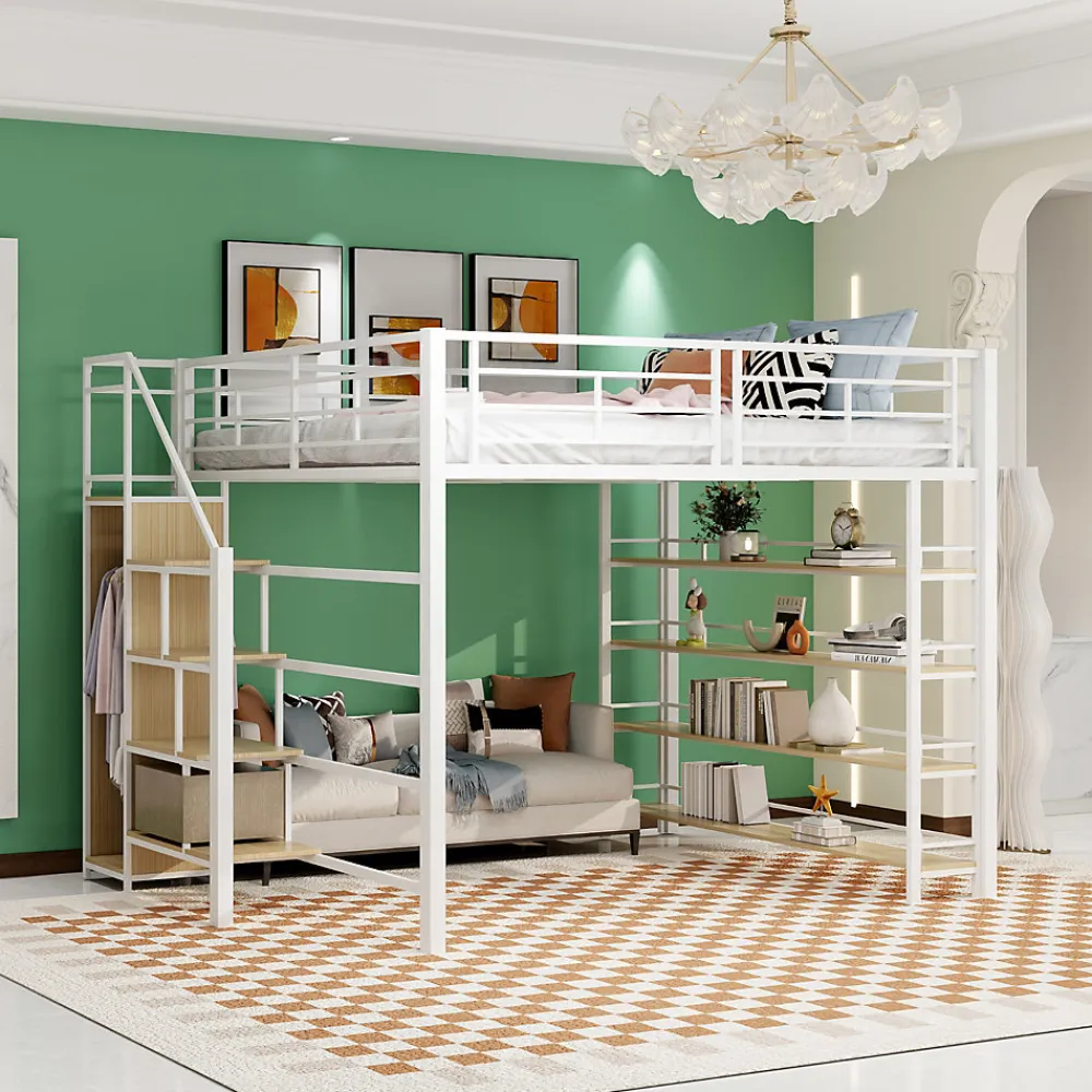 Lit Mezzanine 140x200 cm - Lit Double avec Escalier de Sécurité et Placard de Rangement, Métal et MDF, Sans Matelas - Blanc>Okwish New