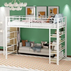 Lit Mezzanine 140x200 cm - Lit Double avec Escalier de Sécurité et Placard de Rangement, Métal et MDF, Sans Matelas - Blanc>Okwish New
