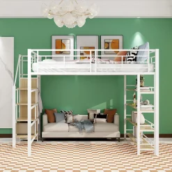 Lit Mezzanine 140x200 cm - Lit Double avec Escalier de Sécurité et Placard de Rangement, Métal et MDF, Sans Matelas - Blanc><noscript><img width=