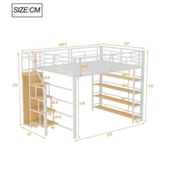 Lit Mezzanine 140x200 cm - Lit Double avec Escalier de Sécurité et Placard de Rangement, Métal et MDF, Sans Matelas - Blanc><noscript><img width=