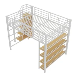 Lit Mezzanine 140x200 cm - Lit Double avec Escalier de Sécurité et Placard de Rangement, Métal et MDF, Sans Matelas - Blanc><noscript><img width=