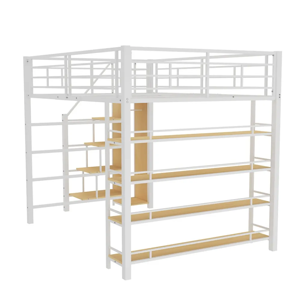 Lit Mezzanine 140x200 cm - Lit Double avec Escalier de Sécurité et Placard de Rangement, Métal et MDF, Sans Matelas - Blanc>Okwish New