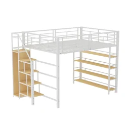 Lit Mezzanine 140x200 cm - Lit Double avec Escalier de Sécurité et Placard de Rangement, Métal et MDF, Sans Matelas - Blanc><noscript><img width=