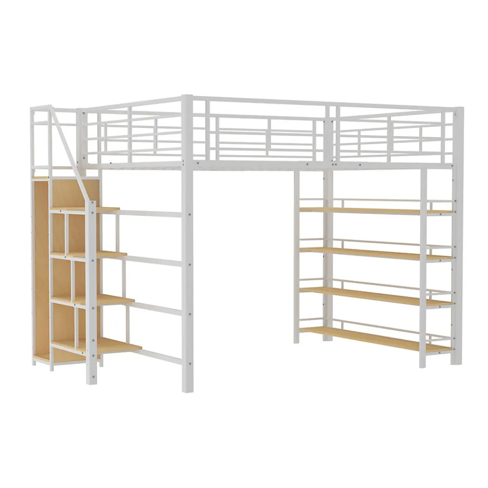 Lit Mezzanine 140x200 cm - Lit Double avec Escalier de Sécurité et Placard de Rangement, Métal et MDF, Sans Matelas - Blanc>Okwish New