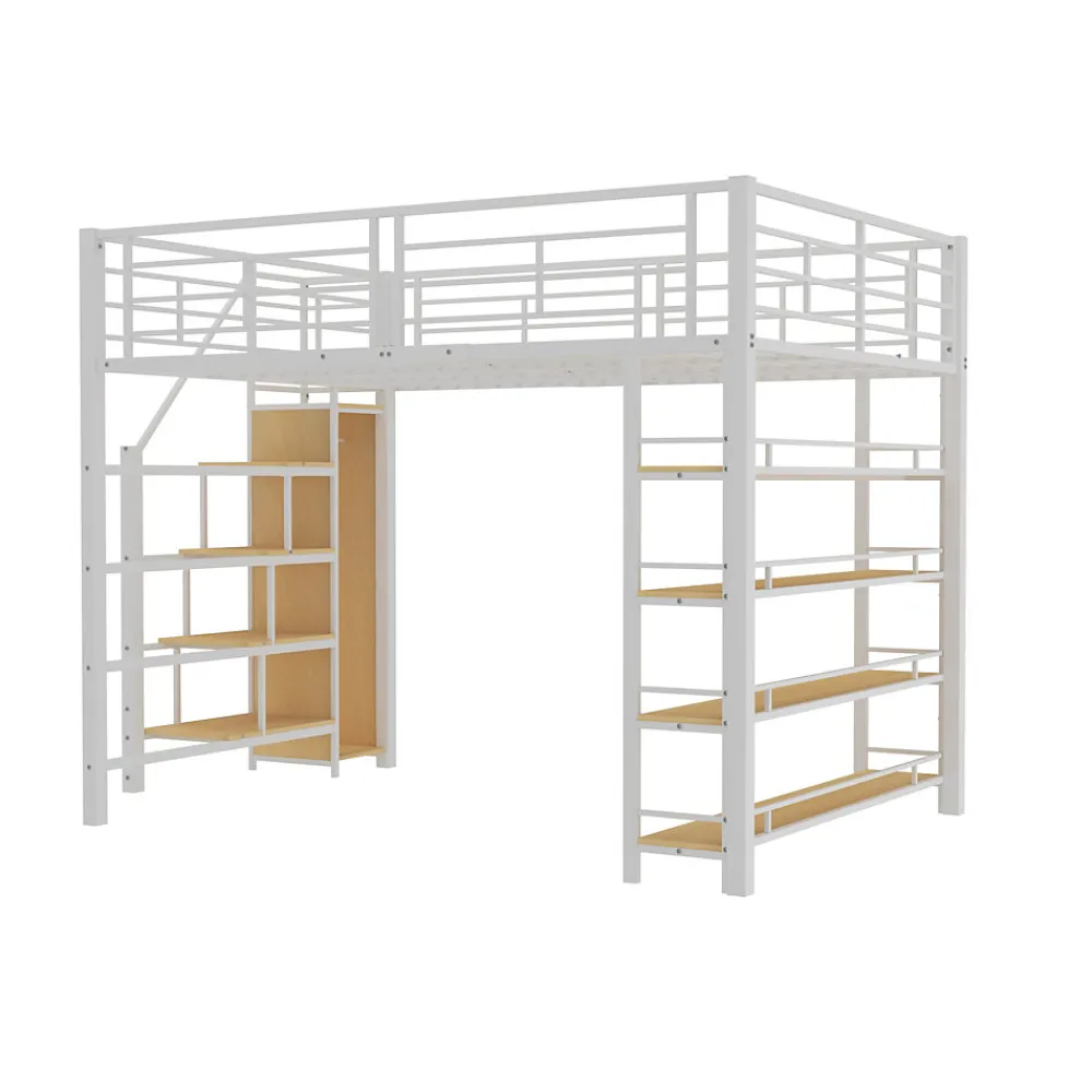 Lit Mezzanine 140x200 cm - Lit Double avec Escalier de Sécurité et Placard de Rangement, Métal et MDF, Sans Matelas - Blanc>Okwish New