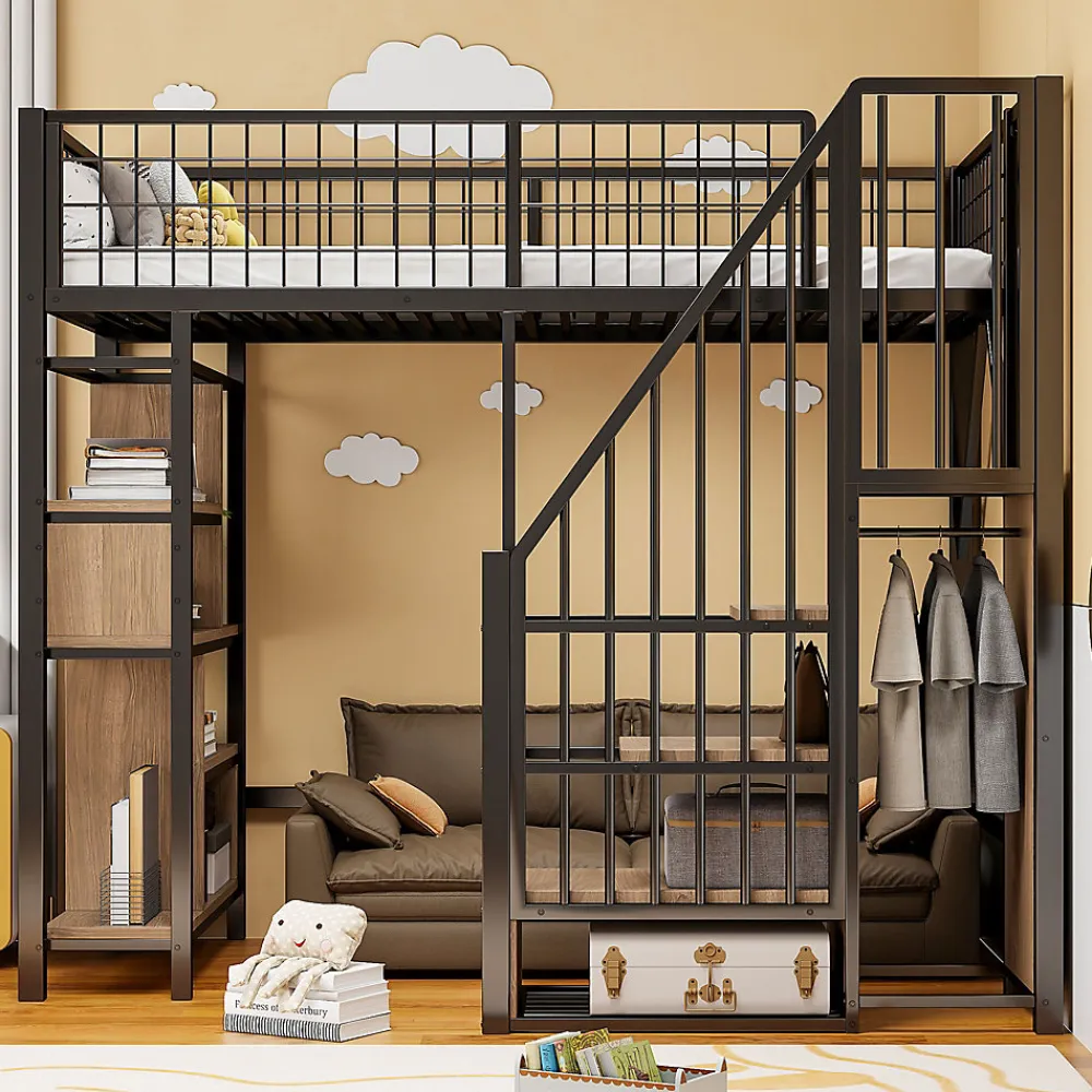Lit Mezzanine 90x200 cm - Lit enfant en Métal Noir avec Rangement Intégré, Étagères et Escalier Sécurisé, Sans Matelas>Okwish New
