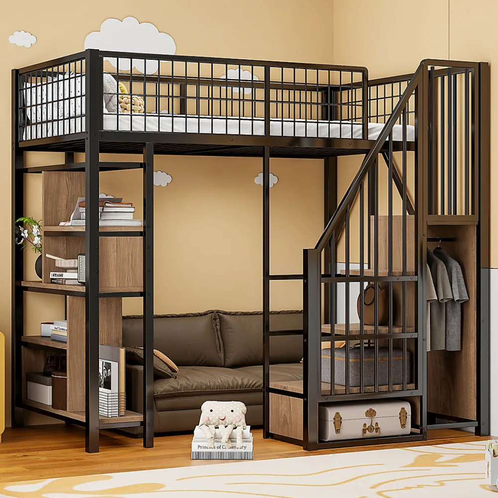 Lit Mezzanine 90x200 cm - Lit enfant en Métal Noir avec Rangement Intégré, Étagères et Escalier Sécurisé, Sans Matelas>Okwish New