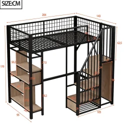Lit Mezzanine 90x200 cm - Lit enfant en Métal Noir avec Rangement Intégré, Étagères et Escalier Sécurisé, Sans Matelas><noscript><img width=