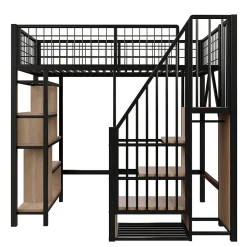 Lit Mezzanine 90x200 cm - Lit enfant en Métal Noir avec Rangement Intégré, Étagères et Escalier Sécurisé, Sans Matelas><noscript><img width=
