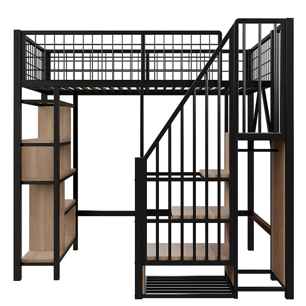 Lit Mezzanine 90x200 cm - Lit enfant en Métal Noir avec Rangement Intégré, Étagères et Escalier Sécurisé, Sans Matelas>Okwish New