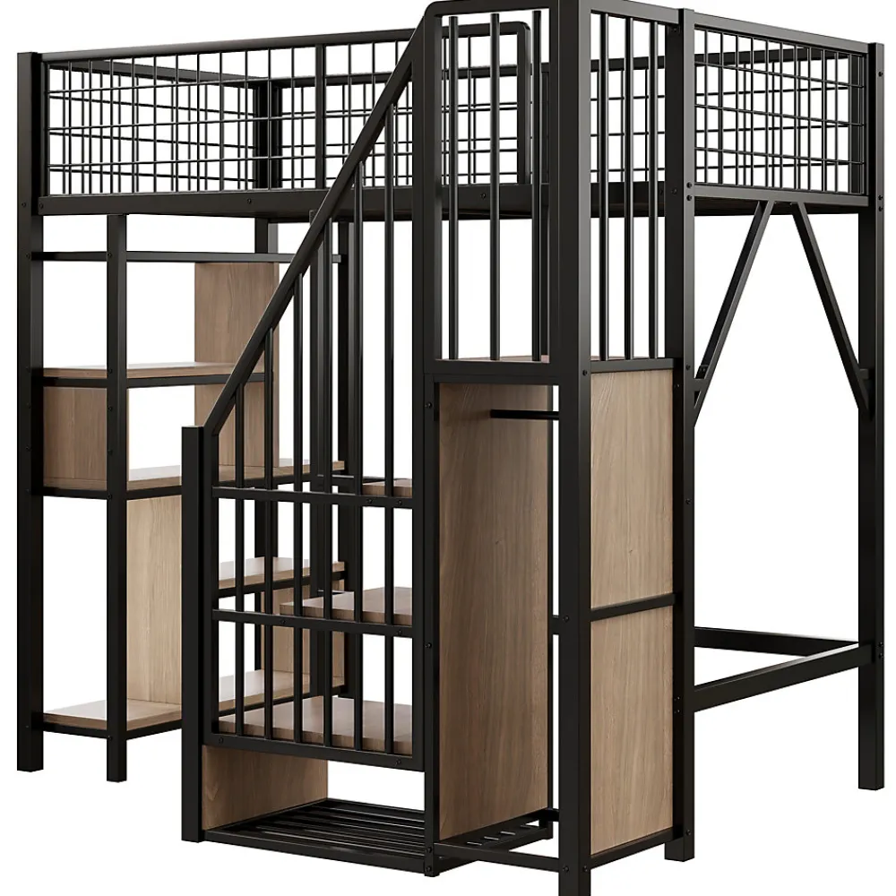 Lit Mezzanine 90x200 cm - Lit enfant en Métal Noir avec Rangement Intégré, Étagères et Escalier Sécurisé, Sans Matelas>Okwish New