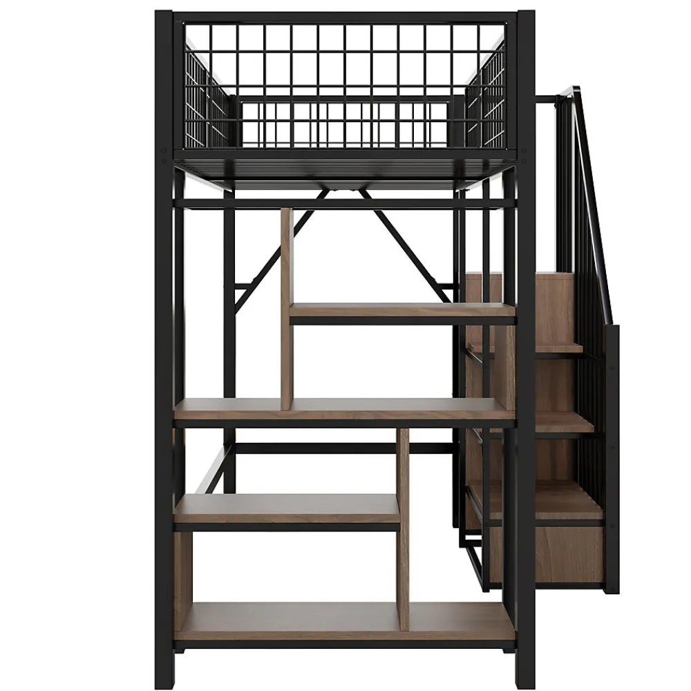 Lit Mezzanine 90x200 cm - Lit enfant en Métal Noir avec Rangement Intégré, Étagères et Escalier Sécurisé, Sans Matelas>Okwish New