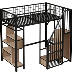Lit Mezzanine 90x200 cm - Lit enfant en Métal Noir avec Rangement Intégré, Étagères et Escalier Sécurisé, Sans Matelas><noscript><img width=