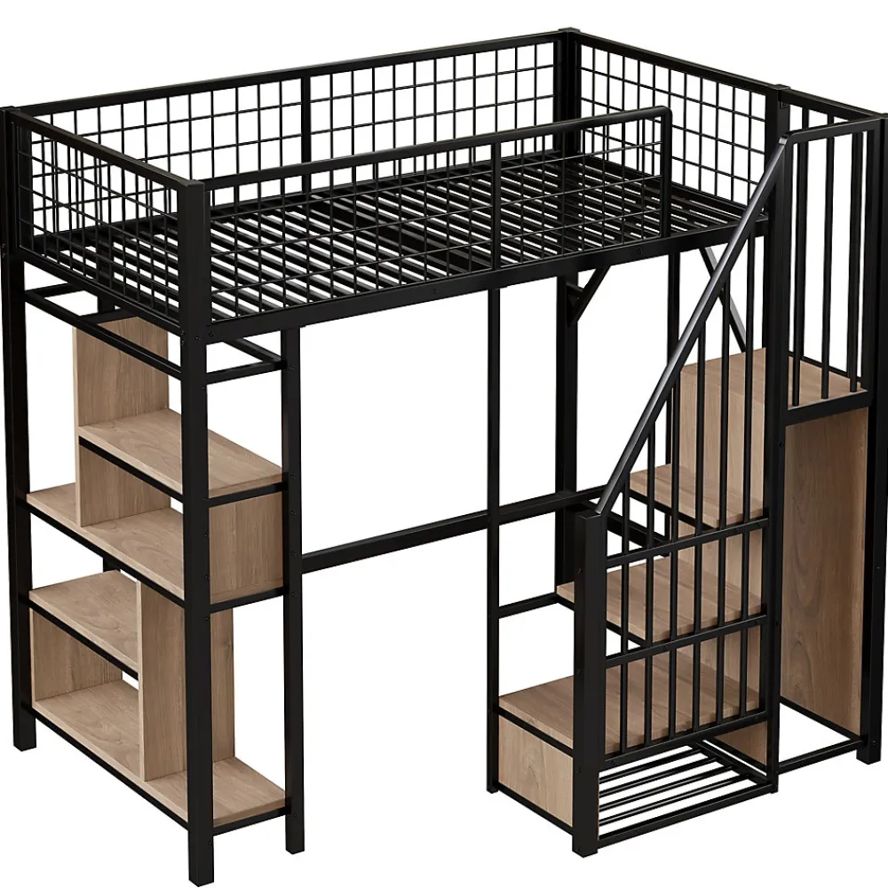 Lit Mezzanine 90x200 cm - Lit enfant en Métal Noir avec Rangement Intégré, Étagères et Escalier Sécurisé, Sans Matelas>Okwish New