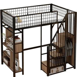 Lit Mezzanine 90x200 cm - Lit enfant en Métal Noir avec Rangement Intégré, Étagères et Escalier Sécurisé, Sans Matelas><noscript><img width=