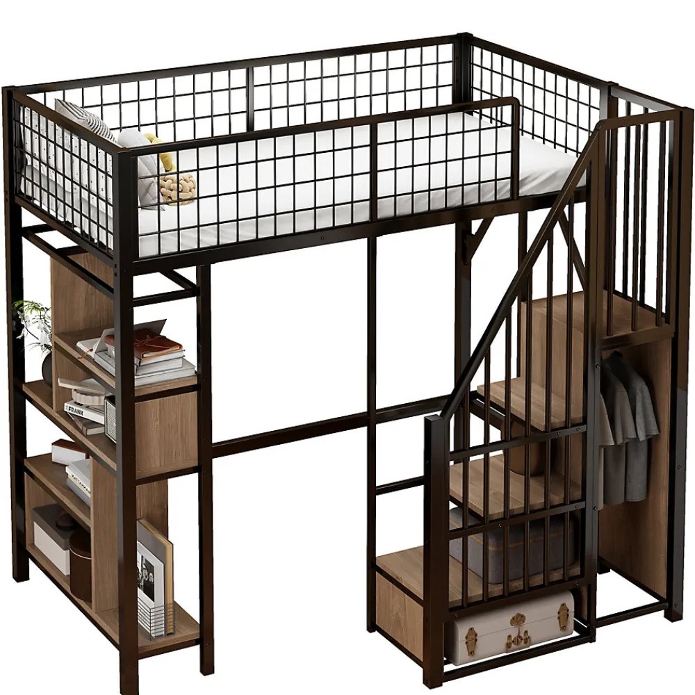 Lit Mezzanine 90x200 cm - Lit enfant en Métal Noir avec Rangement Intégré, Étagères et Escalier Sécurisé, Sans Matelas>Okwish New