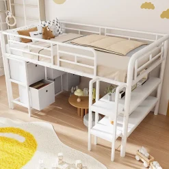 Okwish Lit Mezzanine 90x200 cm - Lit Enfant avec Tiroirs et Étagères, Angles Arrondis - Sans Matelas - Métal et MDF - Blanc* Lit Mezzanine