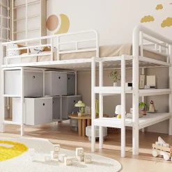 Okwish Lit Mezzanine 90x200 cm - Lit Enfant avec Tiroirs et Étagères, Angles Arrondis - Sans Matelas - Métal et MDF - Blanc* Lit Mezzanine
