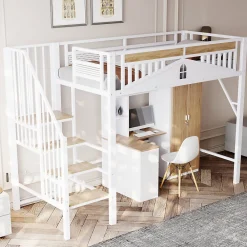 Lit Mezzanine 90x200 cm - Lit Enfant/Ado avec Escalier de Sécurité, Design Boule et Fenêtre, Métal Blanc>Okwish Online
