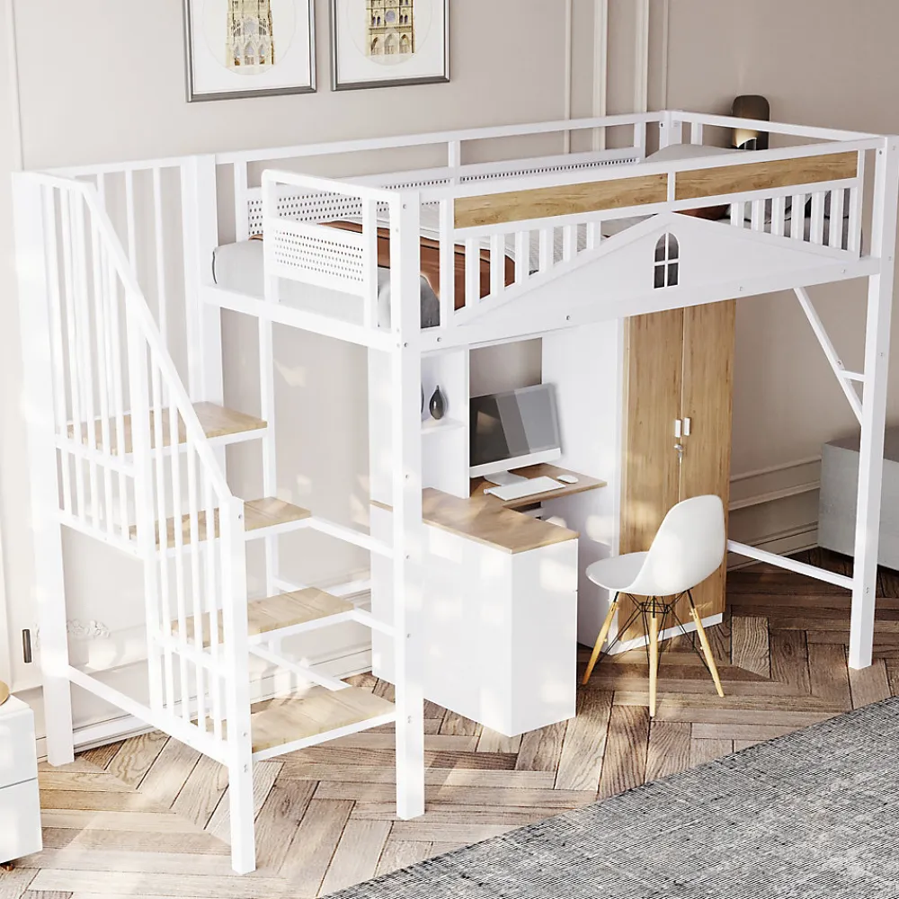 Lit Mezzanine 90x200 cm - Lit Enfant/Ado avec Escalier de Sécurité, Design Boule et Fenêtre, Métal Blanc>Okwish Online