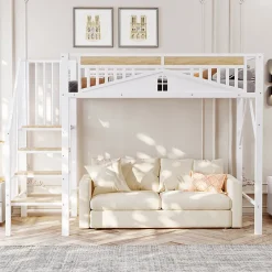 Lit Mezzanine 90x200 cm - Lit Enfant/Ado avec Escalier de Sécurité, Design Boule et Fenêtre, Métal Blanc>Okwish Online