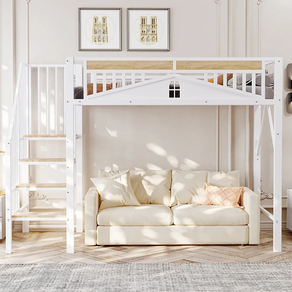 Lit Mezzanine 90x200 cm - Lit Enfant/Ado avec Escalier de Sécurité, Design Boule et Fenêtre, Métal Blanc>Okwish Online