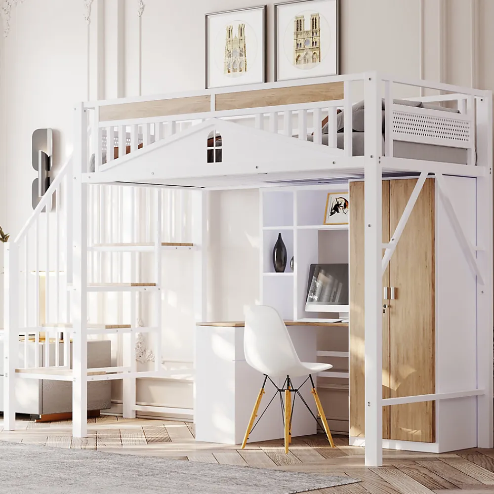 Lit Mezzanine 90x200 cm - Lit Enfant/Ado avec Escalier de Sécurité, Design Boule et Fenêtre, Métal Blanc>Okwish Online