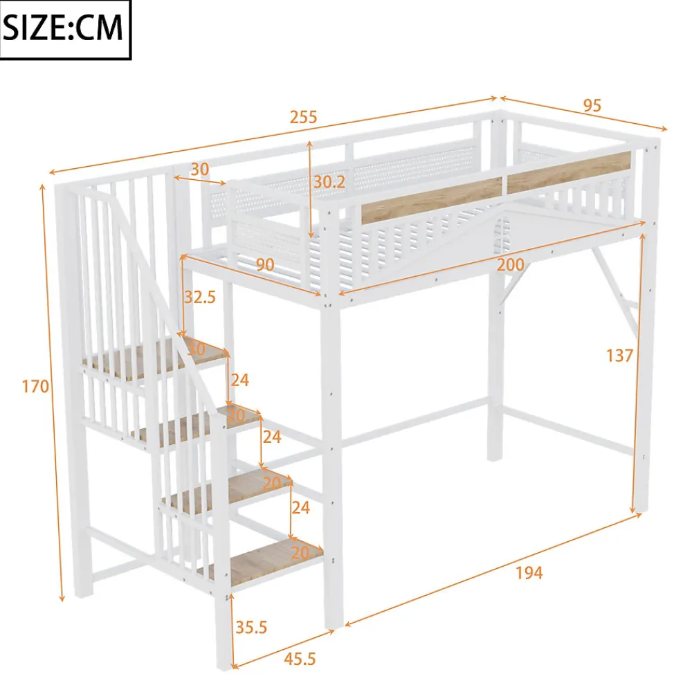 Lit Mezzanine 90x200 cm - Lit Enfant/Ado avec Escalier de Sécurité, Design Boule et Fenêtre, Métal Blanc>Okwish Online