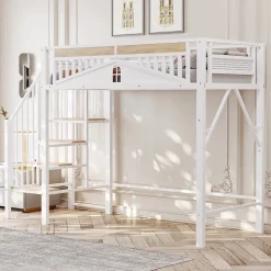 Lit Mezzanine 90x200 cm - Lit Enfant/Ado avec Escalier de Sécurité, Design Boule et Fenêtre, Métal Blanc><noscript><img width=