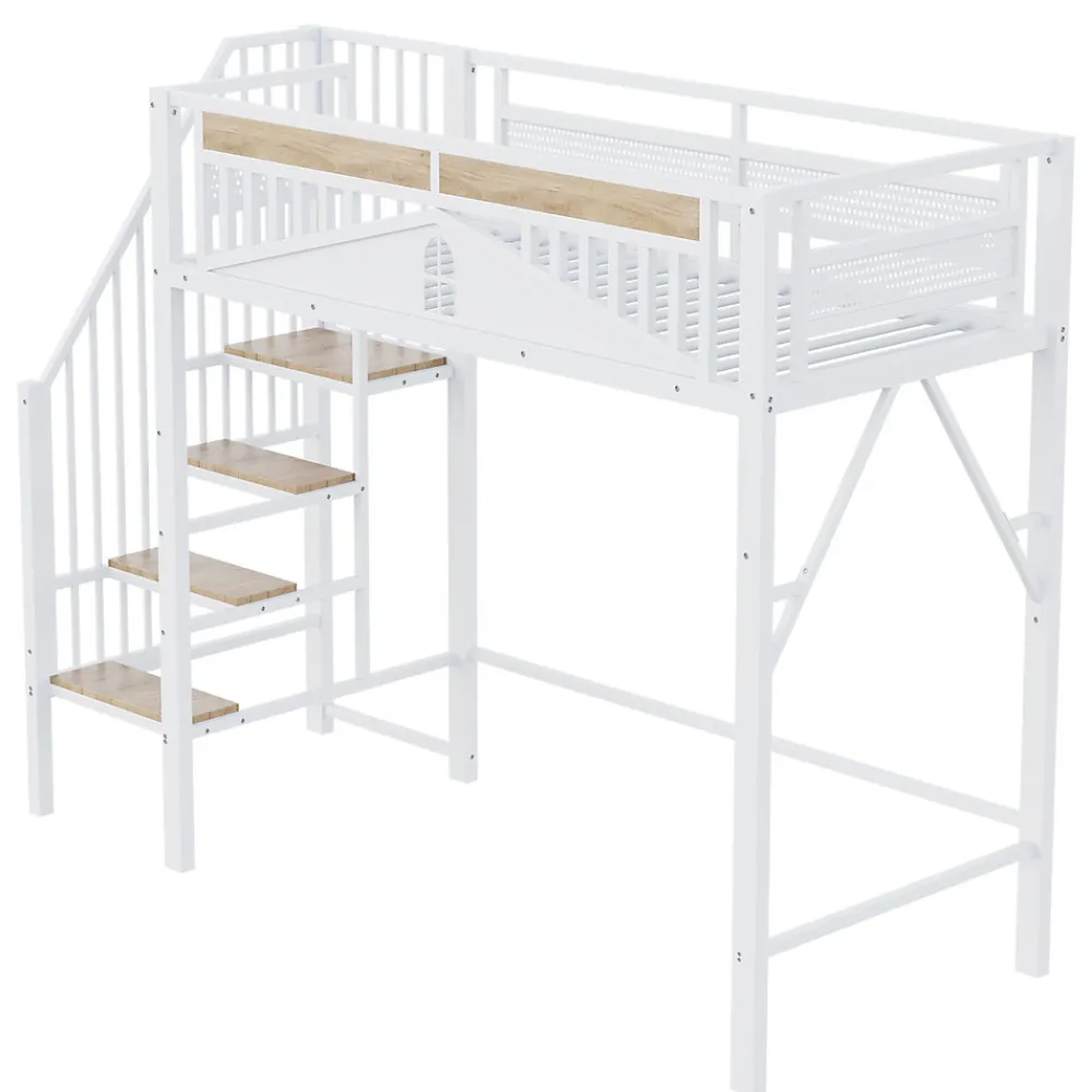 Lit Mezzanine 90x200 cm - Lit Enfant/Ado avec Escalier de Sécurité, Design Boule et Fenêtre, Métal Blanc>Okwish Online