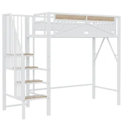 Lit Mezzanine 90x200 cm - Lit Enfant/Ado avec Escalier de Sécurité, Design Boule et Fenêtre, Métal Blanc><noscript><img width=