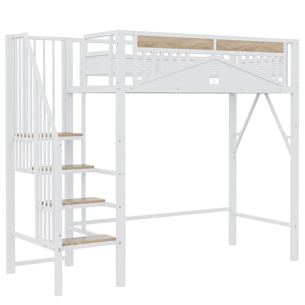 Lit Mezzanine 90x200 cm - Lit Enfant/Ado avec Escalier de Sécurité, Design Boule et Fenêtre, Métal Blanc>Okwish Online