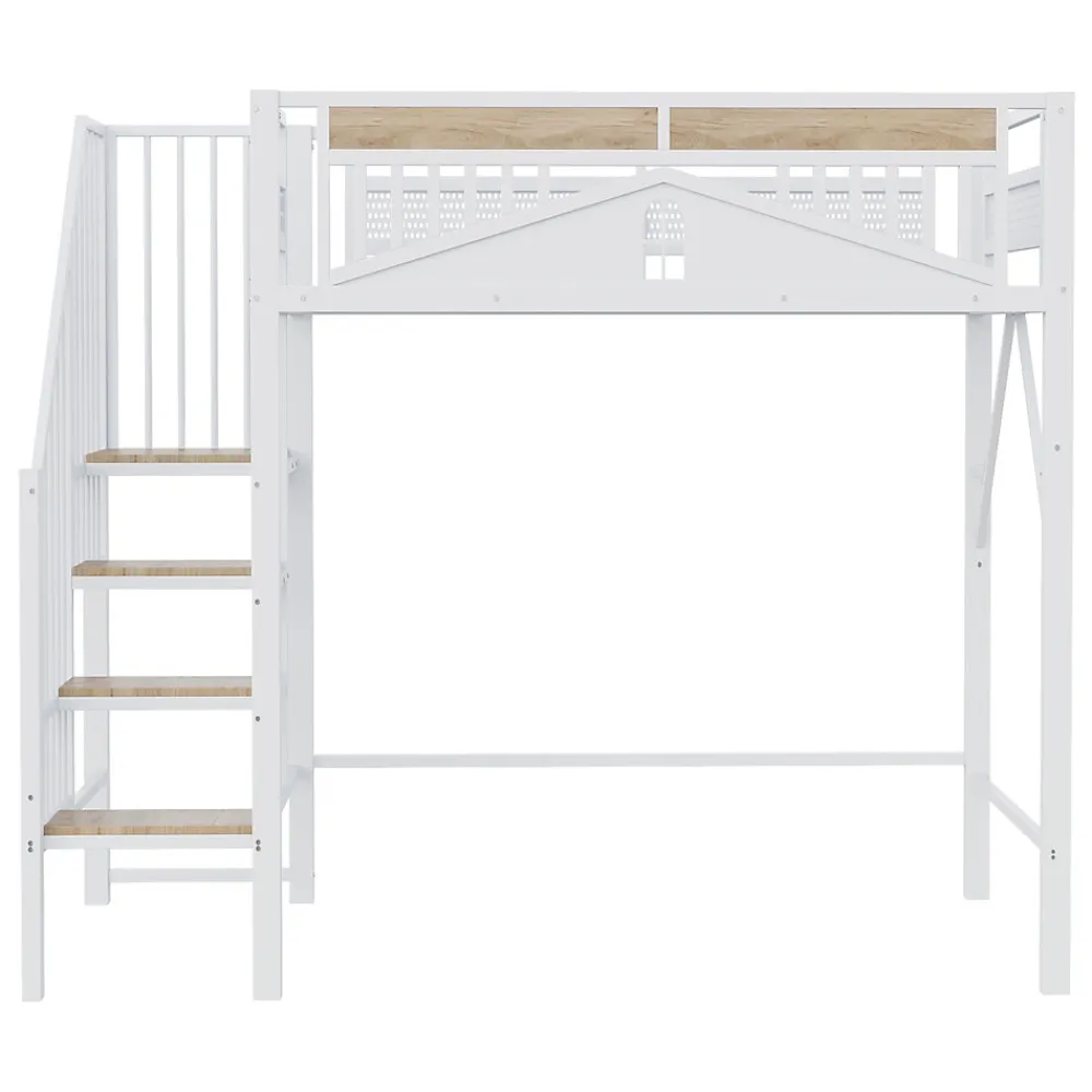 Lit Mezzanine 90x200 cm - Lit Enfant/Ado avec Escalier de Sécurité, Design Boule et Fenêtre, Métal Blanc>Okwish Online