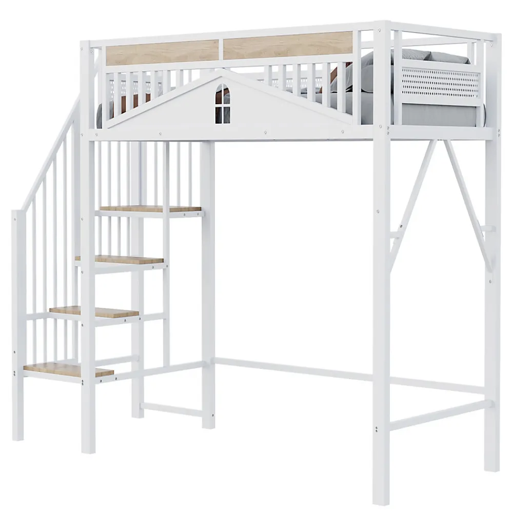 Lit Mezzanine 90x200 cm - Lit Enfant/Ado avec Escalier de Sécurité, Design Boule et Fenêtre, Métal Blanc>Okwish Online