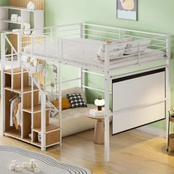 Lit Mezzanine 140x200 cm - Lit enfant en Métal Blanc avec Échelle de Sécurité et Rangement Intégré, Sans Matelas>Okwish Discount