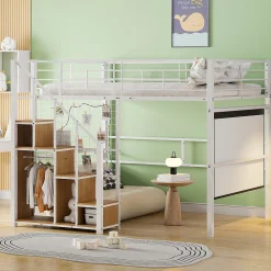 Lit Mezzanine 140x200 cm - Lit enfant en Métal Blanc avec Échelle de Sécurité et Rangement Intégré, Sans Matelas><noscript><img width=