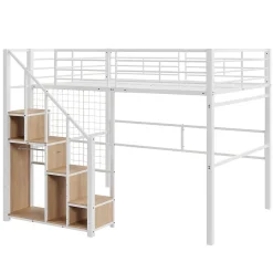 Lit Mezzanine 140x200 cm - Lit enfant en Métal Blanc avec Échelle de Sécurité et Rangement Intégré, Sans Matelas><noscript><img width=