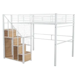 Lit Mezzanine 140x200 cm - Lit enfant en Métal Blanc avec Échelle de Sécurité et Rangement Intégré, Sans Matelas><noscript><img width=