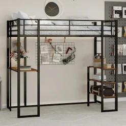Lit Mezzanine 90x200 cm - Lit Enfant Metal avec Bureau en L, Garde-Corps et Échelle Réversible, Noir, sans Matelas>Okwish Online