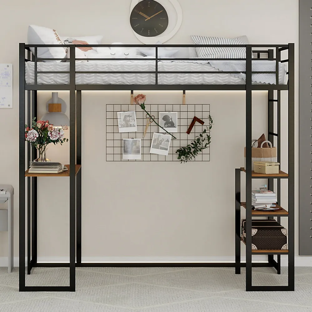 Lit Mezzanine 90x200 cm - Lit Enfant Metal avec Bureau en L, Garde-Corps et Échelle Réversible, Noir, sans Matelas>Okwish Online