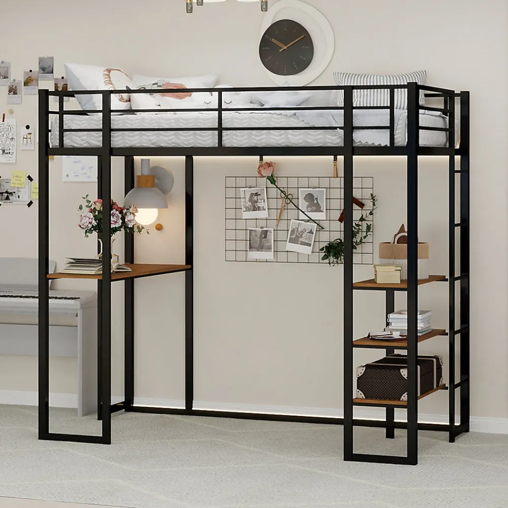 Lit Mezzanine 90x200 cm - Lit Enfant Metal avec Bureau en L, Garde-Corps et Échelle Réversible, Noir, sans Matelas>Okwish Online