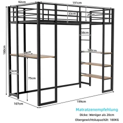 Lit Mezzanine 90x200 cm - Lit Enfant Metal avec Bureau en L, Garde-Corps et Échelle Réversible, Noir, sans Matelas><noscript><img width=