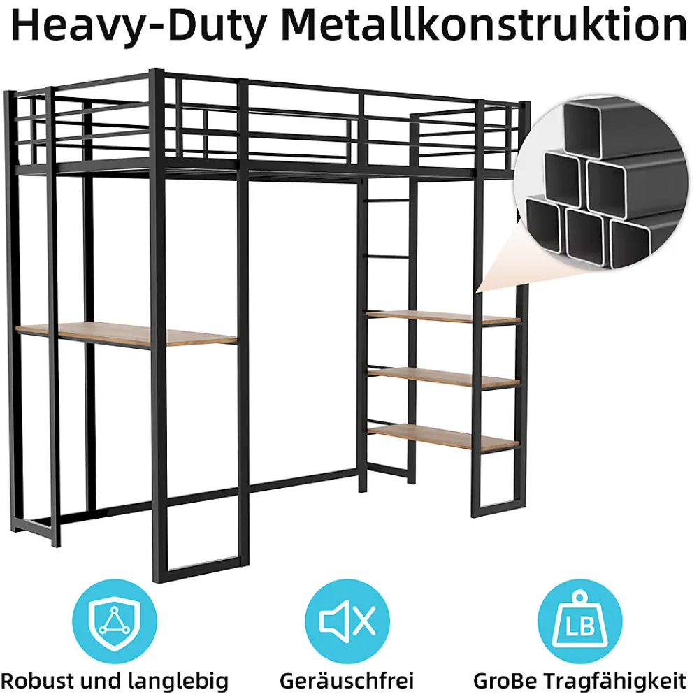 Lit Mezzanine 90x200 cm - Lit Enfant Metal avec Bureau en L, Garde-Corps et Échelle Réversible, Noir, sans Matelas>Okwish Online